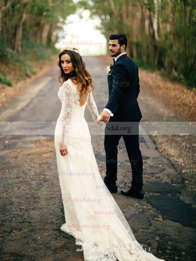 Ladies Sheath/Column V-neck Lace Tulle Sweep Train Appliques Lace Long Sleeve Backless Wedding Dress #Milly00022558