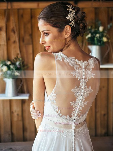 Nice A-line Scoop Neck Chiffon Sweep Train Appliques Lace White Wedding Dresses #Milly00022561
