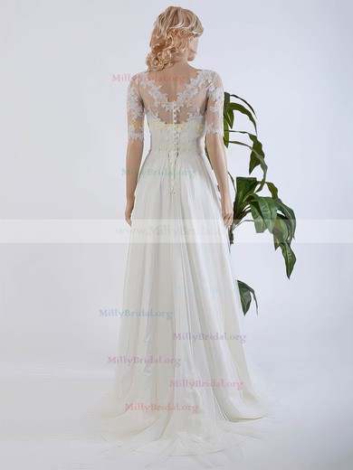 Affordable A-line Scoop Neck Tulle Chiffon Sweep Train Appliques Lace 1/2 Sleeve Wedding Dresses #Milly00022567