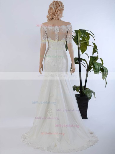 Trumpet/Mermaid Off-the-shoulder Tulle Sweep Train Appliques Lace 1/2 Sleeve Custom Wedding Dresses #Milly00022568