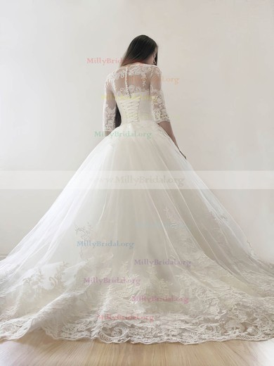 Best Princess Scoop Neck Tulle Court Train Appliques Lace 3/4 Sleeve Wedding Dresses #Milly00022569