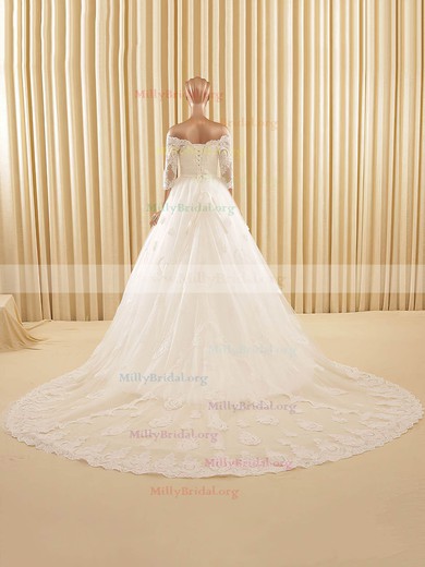 Boutique A-line Off-the-shoulder Tulle Chapel Train Appliques Lace 3/4 Sleeve Wedding Dress #Milly00022571