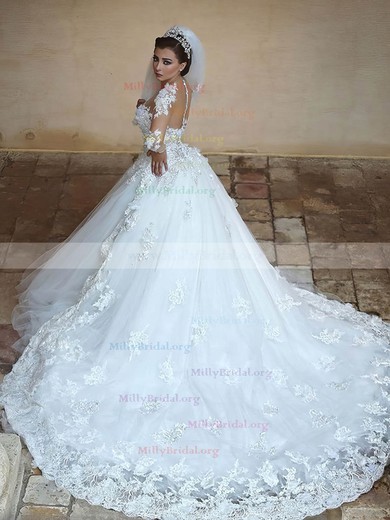 Ball Gown Scoop Neck Tulle Cathedral Train Appliques Lace Long Sleeve Stunning Wedding Dresses #Milly00022594