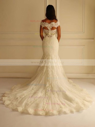 Trumpet/Mermaid V-neck Lace Tulle Court Train Appliques Lace Graceful Wedding Dresses #Milly00022596