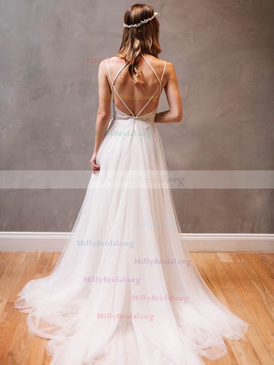 Backless A-line Scoop Neck Tulle Watteau Train Appliques Lace Modern Wedding Dresses #Milly00022609