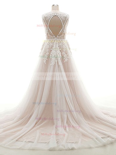 Custom A-line V-neck Tulle Court Train Appliques Lace Open Back Wedding Dresses #Milly00022624