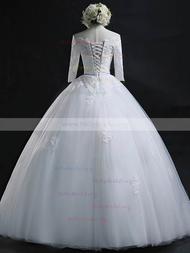 Online Ball Gown Off-the-shoulder Tulle Floor-length Appliques Lace 3/4 Sleeve Wedding Dresses #Milly00022630