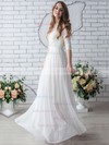 Trendy A-line Scoop Neck Chiffon Floor-length Lace 1/2 Sleeve Wedding Dresses #Milly00022633