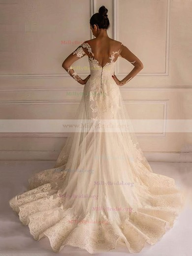 Elegant Trumpet/Mermaid Scoop Neck Tulle Court Train Appliques Lace Long Sleeve Backless Wedding Dresses #Milly00022658