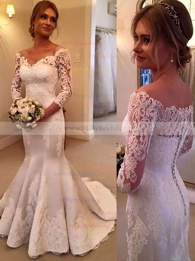 Modest Trumpet/Mermaid Off-the-shoulder Satin Tulle Sweep Train Appliques Lace 3/4 Sleeve Wedding Dresses #Milly00022661