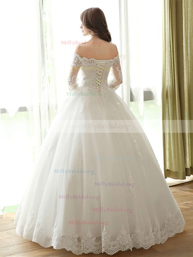 Amazing Ball Gown Off-the-shoulder Tulle Floor-length Appliques Lace 3/4 Sleeve Wedding Dresses #Milly00022667
