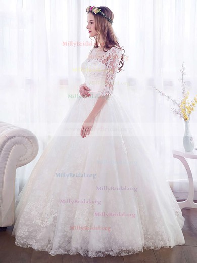 Ball Gown Scoop Neck Lace Tulle Floor-length Appliques Lace 3/4 Sleeve Trendy Wedding Dresses #Milly00022671