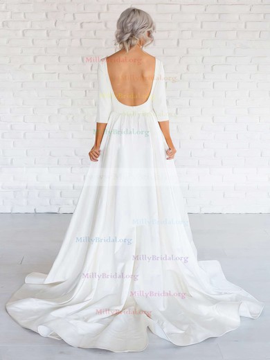 Simple A-line Scoop Neck Satin Sweep Train Ruffles Long Sleeve Backless Wedding Dresses #Milly00022674