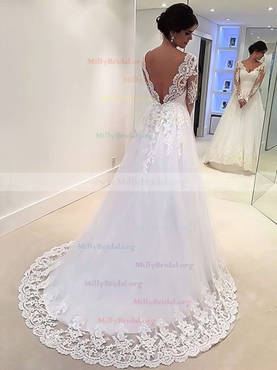 Classic A-line V-neck Tulle Sweep Train Appliques Lace Long Sleeve Backless Wedding Dresses #Milly00022677
