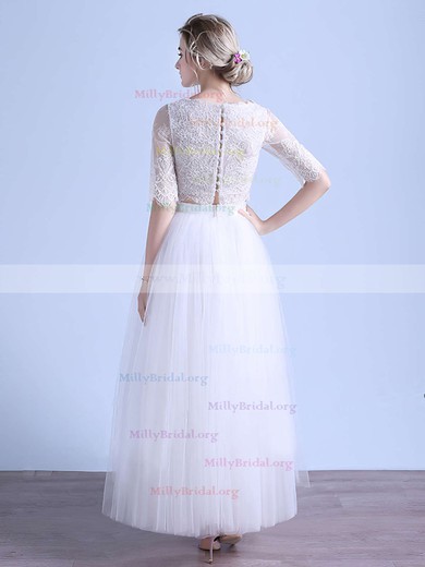 Exclusive A-line Scoop Neck Tulle Ankle-length Appliques Lace 1/2 Sleeve Two Piece Wedding Dresses #Milly00022679