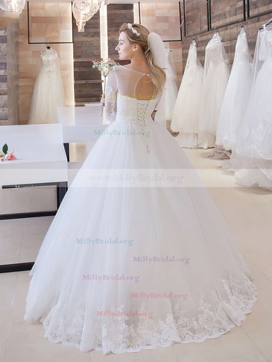 Ball Gown Scoop Neck Tulle Floor-length Appliques Lace 1/2 Sleeve Online Wedding Dresses #Milly00022680