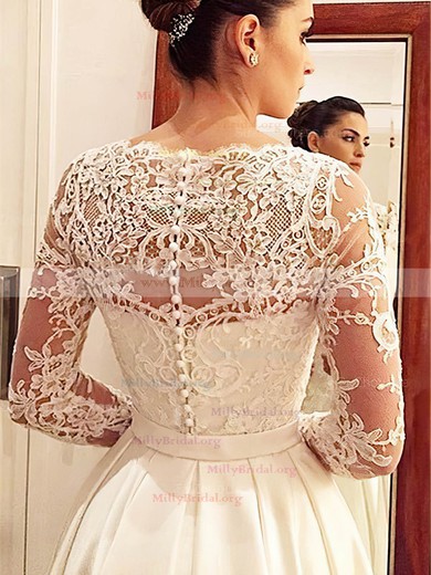 A-line V-neck Satin Tulle Court Train Appliques Lace Long Sleeve Vintage Wedding Dresses #Milly00022686