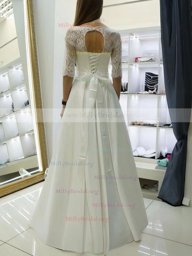 Elegant A-line Scalloped Neck Satin Lace Floor-length Sashes / Ribbons 1/2 Sleeve Wedding Dresses #Milly00022688