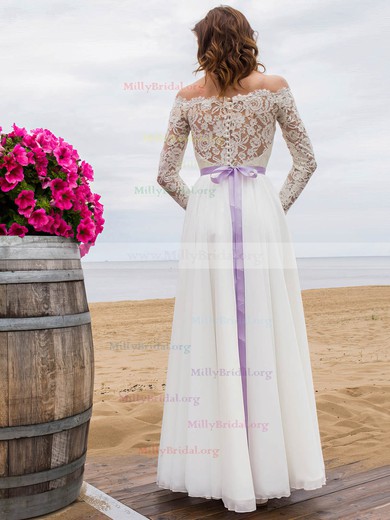 A-line Off-the-shoulder Lace Chiffon Floor-length Sashes / Ribbons Fashion Wedding Dresses #Milly00022694