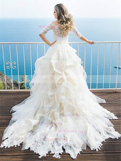 A-line Off-the-shoulder Tulle Lace Court Train Cascading Ruffles 1/2 Sleeve Classy Wedding Dresses #Milly00022700