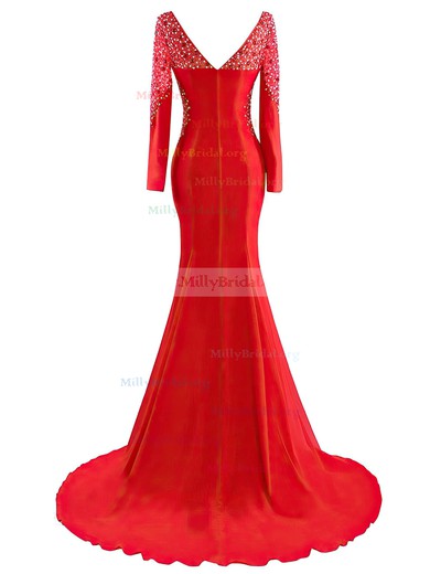 Trumpet/Mermaid V-neck Tulle Silk-like Satin Sweep Train Beading Red Long Sleeve Online Prom Dresses #Milly020102826