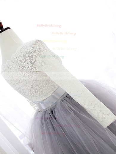 Sweet A-line Scalloped Neck Lace Tulle Knee-length Sashes / Ribbons Long Sleeve Prom Dresses #Milly020102849