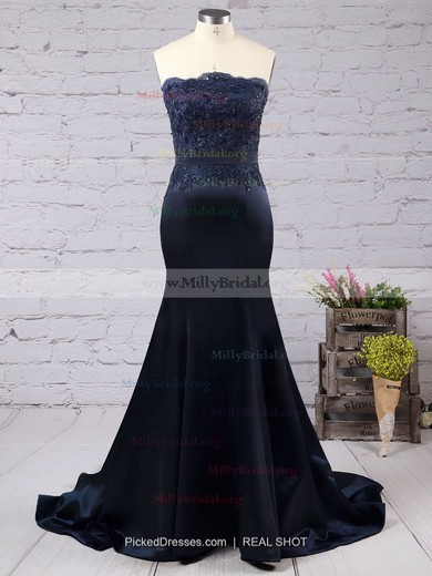 Trumpet/Mermaid Strapless Satin Sweep Train Appliques Lace Prom Dresses #Milly020102860