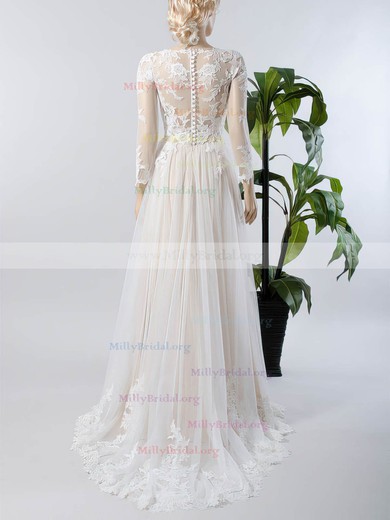 Custom A-line V-neck Tulle Sweep Train Appliques Lace Long Sleeve Wedding Dresses #Milly00022717