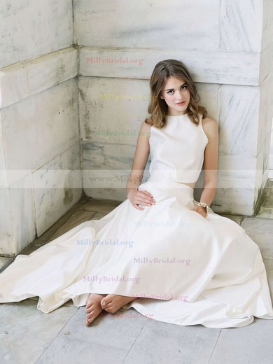 Latest A-line Scoop Neck Satin Asymmetrical Ruffles Two Piece Wedding Dresses #Milly00022725