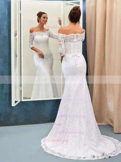 Trumpet/Mermaid Off-the-shoulder Lace Sweep Train Lace 3/4 Sleeve Top Wedding Dresses #Milly00022733