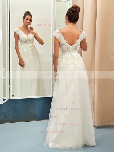 Nice A-line V-neck Tulle Floor-length Appliques Lace Backless Wedding Dresses #Milly00022734