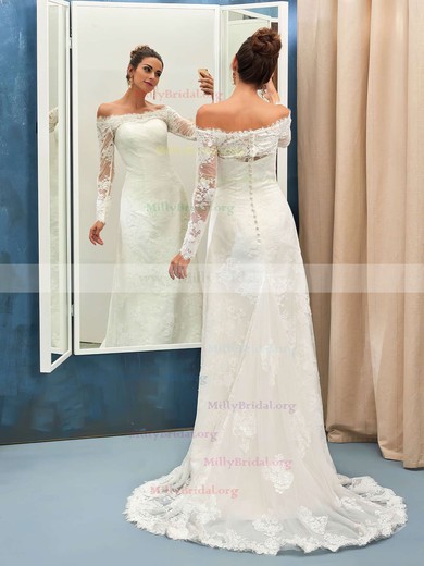 Great Sheath/Column Off-the-shoulder Tulle Sweep Train Appliques Lace Long Sleeve Wedding Dresses #Milly00022736