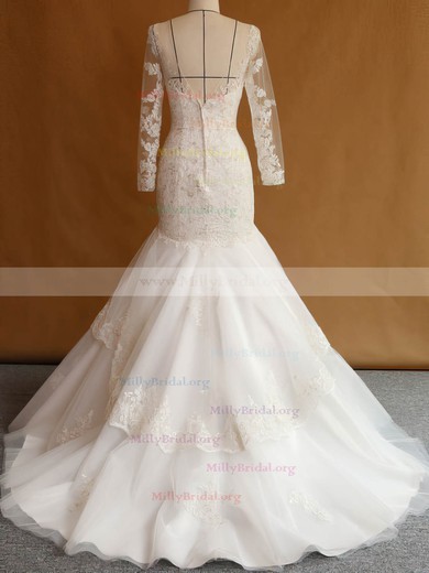 Trumpet/Mermaid Scoop Neck Tulle Sweep Train Appliques Lace Long Sleeve Custom Wedding Dresses #Milly00022751