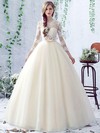 Sweet Ball Gown Scalloped Neck Tulle Floor-length Appliques Lace 3/4 Sleeve Open Back Wedding Dresses #Milly00022758