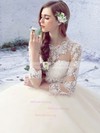 Sweet Ball Gown Scalloped Neck Tulle Floor-length Appliques Lace 3/4 Sleeve Open Back Wedding Dresses #Milly00022758