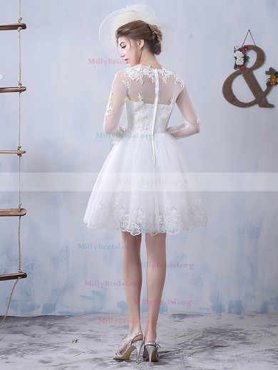 A-line Scoop Neck Tulle Short/Mini Appliques Lace Long Sleeve Pretty Wedding Dresses #Milly00022759