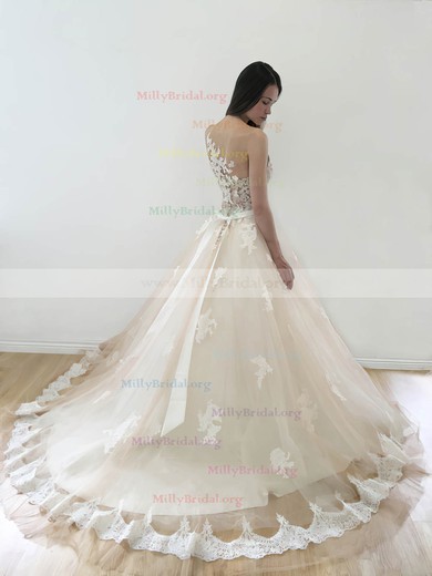 Ball Gown Sweetheart Tulle Court Train Appliques Lace Affordable Wedding Dresses #Milly00022773