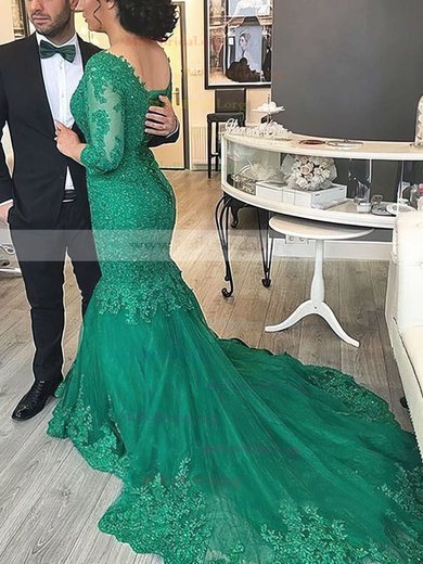 Trumpet/Mermaid V-neck Tulle Court Train Appliques Lace Prom Dresses #Milly020102918