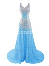 Stunning Sheath/Column V-neck Tulle Sweep Train Crystal Detailing Open Back Prom Dresses #Milly020102985