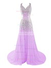 Stunning Sheath/Column V-neck Tulle Sweep Train Crystal Detailing Open Back Prom Dresses #Milly020102985