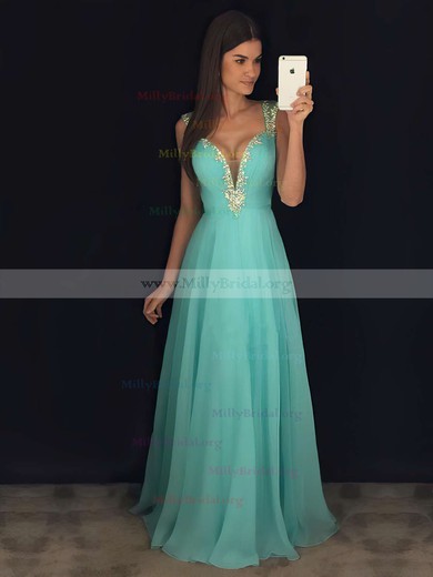 A-line V-neck Chiffon Floor-length Beading Prom Dresses #Milly020103021