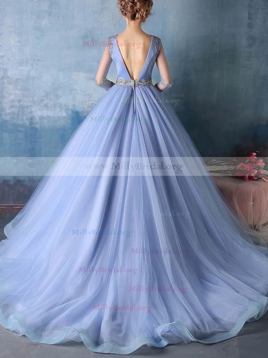 Ball Gown Scoop Neck Tulle Sweep Train Appliques Lace Long Sleeve Backless Modest Prom Dresses #Milly020103050
