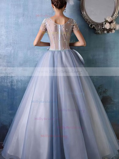 Beautiful Ball Gown Scoop Neck Tulle Floor-length Beading Short Sleeve Prom Dresses #Milly020103053