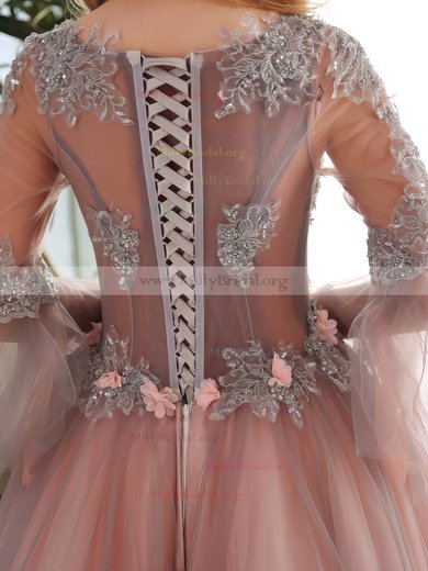Ball Gown Scoop Neck Tulle Floor-length Appliques Lace Long Sleeve Pretty Prom Dresses #Milly020103054