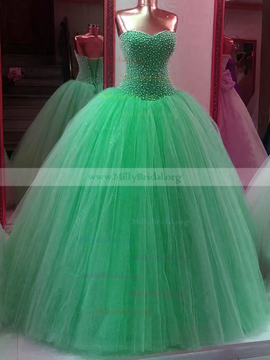 Glamorous Ball Gown Sweetheart Tulle Floor-length Pearl Detailing Lace-up Prom Dresses #Milly020103076