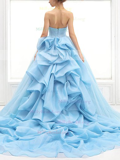 Ball Gown Sweetheart Chiffon Tulle Court Train Appliques Lace Blue Glamorous Prom Dresses #Milly020103099