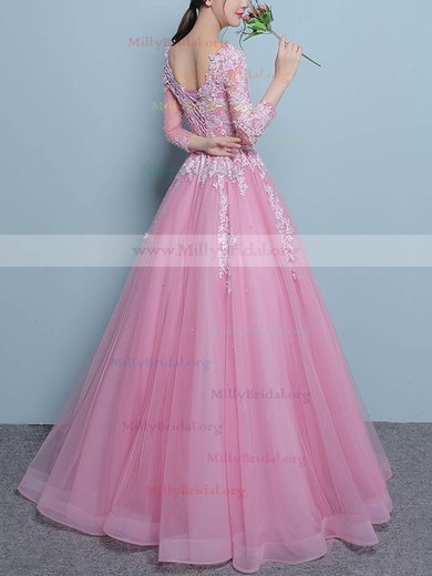 Pretty Ball Gown Scoop Neck Tulle Floor-length Appliques Lace 3/4 Sleeve Prom Dresses #Milly020103100