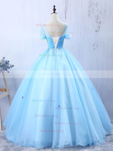 Fabulous Ball Gown Scoop Neck Tulle Floor-length Flower(s) Short Sleeve Prom Dresses #Milly020103102