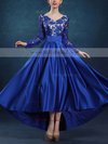 A-line V-neck Satin Asymmetrical Lace Prom Dresses #Milly020103138