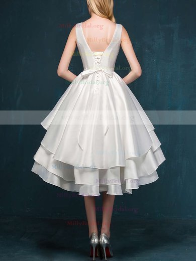 Princess V-neck Satin Asymmetrical Sashes / Ribbons Prom Dresses #Milly020103153